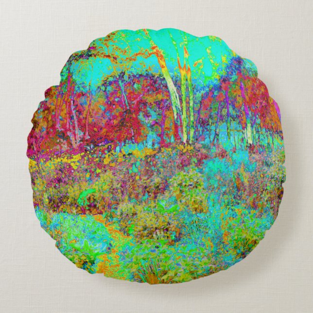 Psychedelic Autumn Guld och Aqua Garden Ligcape Rund Kudde (Framsidan)