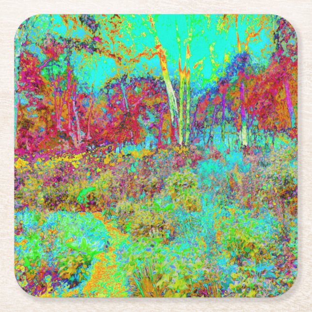 Psychedelic Autumn Guld och Aqua Garden Ligcape Underlägg Papper Kvadrat (Framsidan)