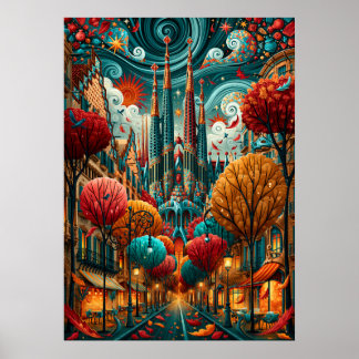 Psychedelic Barcelona Sagrada Familia Stadsscen Poster