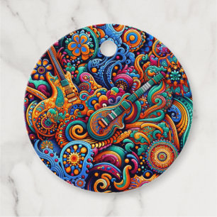 Psychedelic Batik Guitar Art-Colorful Retro Music Gåvor Etiketter