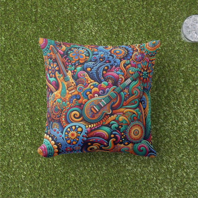 Psychedelic Batik Guitar Art-Colorful Retro Music Kudde (Gräs)