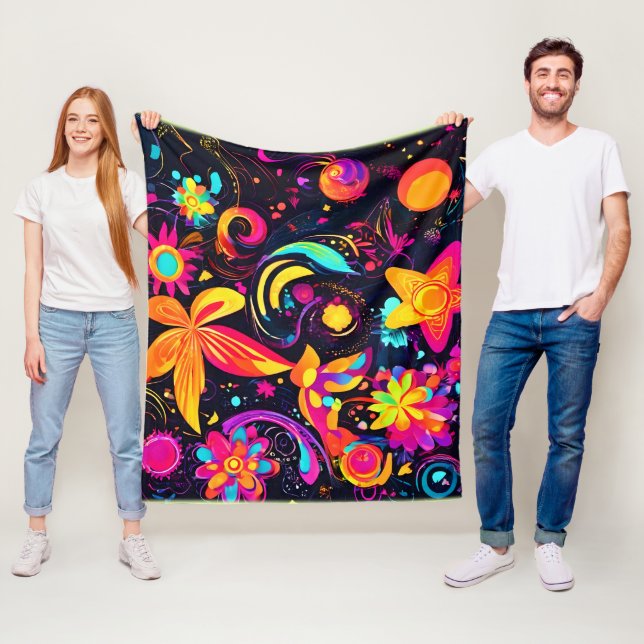 Psychedelic Blommigt Cosmos Fleecefilt (På plats)