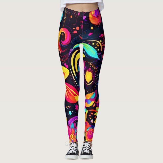 Psychedelic Blommigt Cosmos Leggings (Framsida)