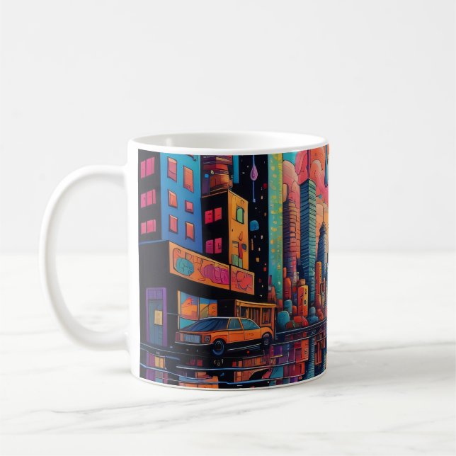 Psychedelic Blue Orange Drippy City Kaffemugg (Vänster)