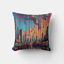 Psychedelic Blue Orange Drippy City Kudde