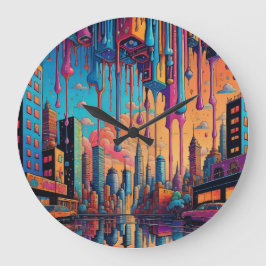 Psychedelic Blue Orange Drippy City Stor Klocka