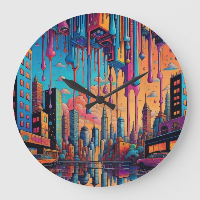 Psychedelic Blue Orange Drippy City Stor Klocka (Framsida)