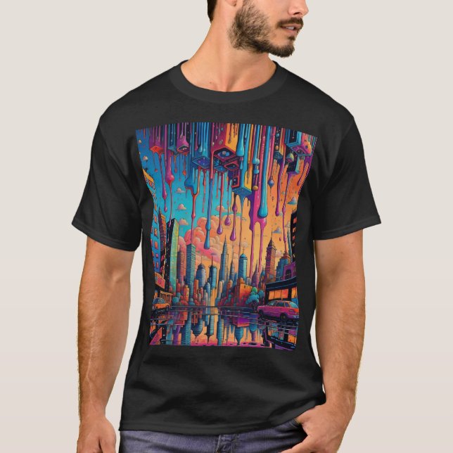 Psychedelic Blue Orange Drippy City T Shirt (Framsida)
