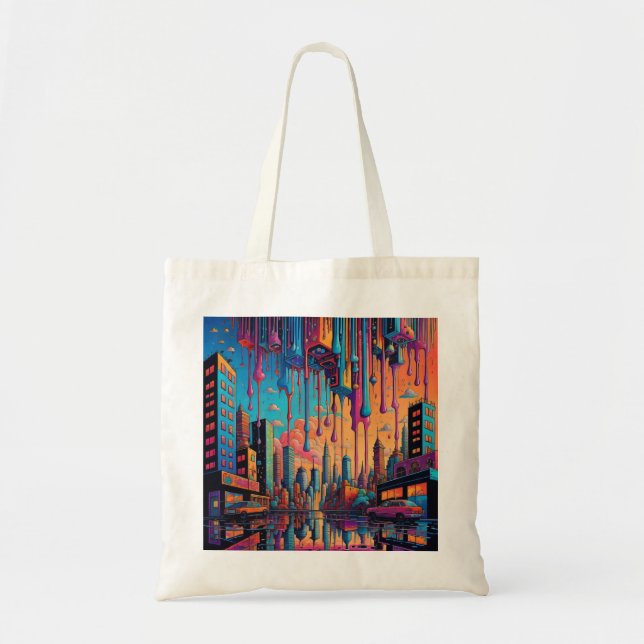Psychedelic Blue Orange Drippy City Tygkasse (Framsidan)