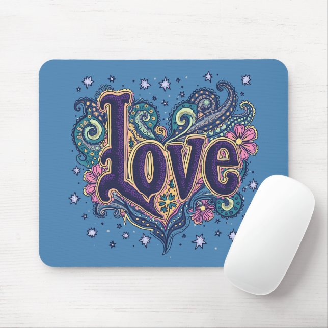 Psychedelic Boho Kärlek Lettering med Blommigt acc Musmatta (Med mus)
