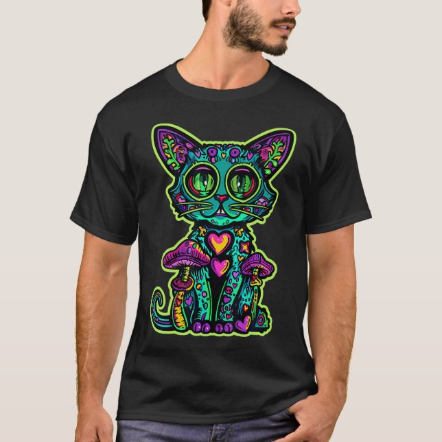 Psychedelic Cat Mushroom Art Edm Rave T Shirt (Framsida)
