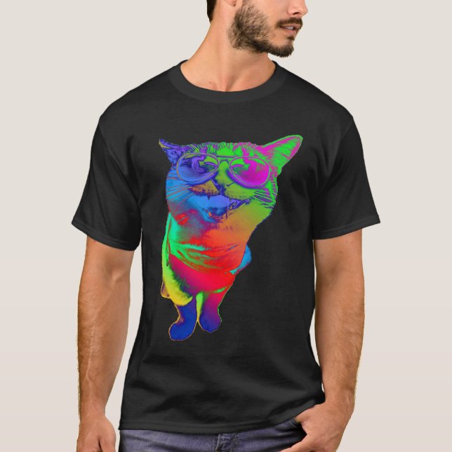 Psychedelic Cat Sunglasses Trippy Psytrance Cat Co T Shirt (Framsida)