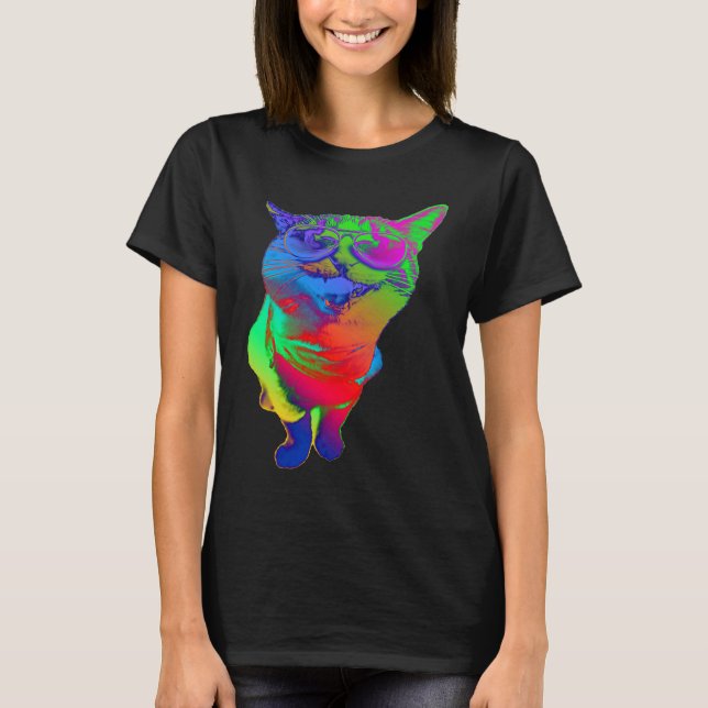 Psychedelic Cat Sunglasses Trippy Psytrance Cat Co T Shirt (Framsida)