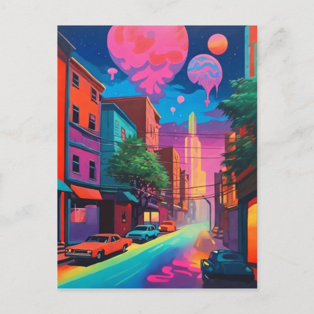 Psychedelic Colorful City Drippy Art Vykort (Framsida)