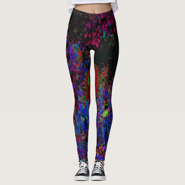 Psychedelic Crimson Red and Black Garden Sunrise Leggings (Framsida)