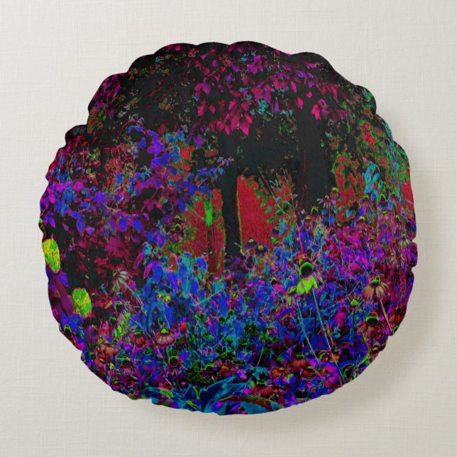 Psychedelic Crimson Red and Black Garden Sunrise Rund Kudde (Framsidan)