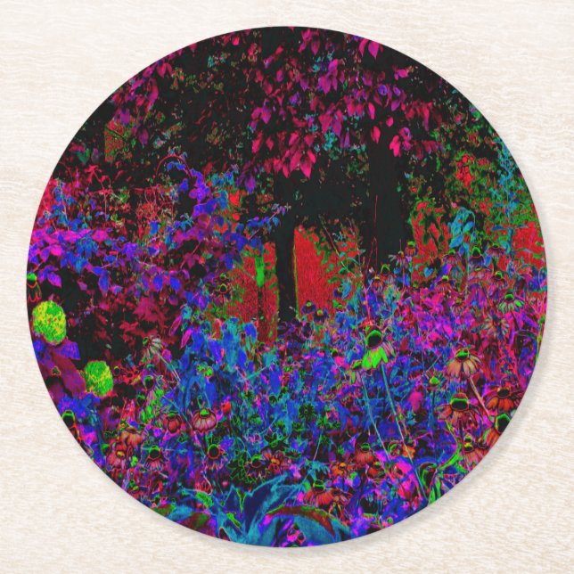 Psychedelic Crimson Red and Black Garden Sunrise Underlägg Papper Rund (Framsidan)