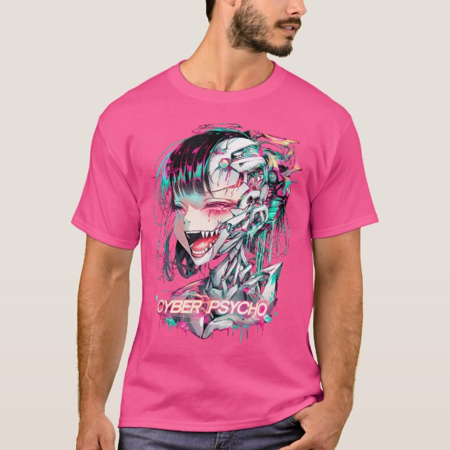 Psychedelic Cyberpunk Trippy Rainbow Cyber Psycho T Shirt (Framsida)