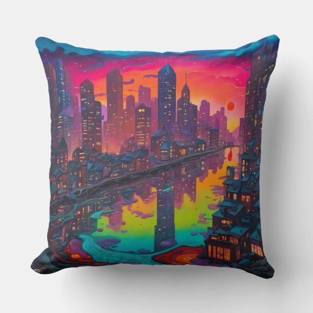 Psychedelic Darker Cityscape Kudde (Framsida)
