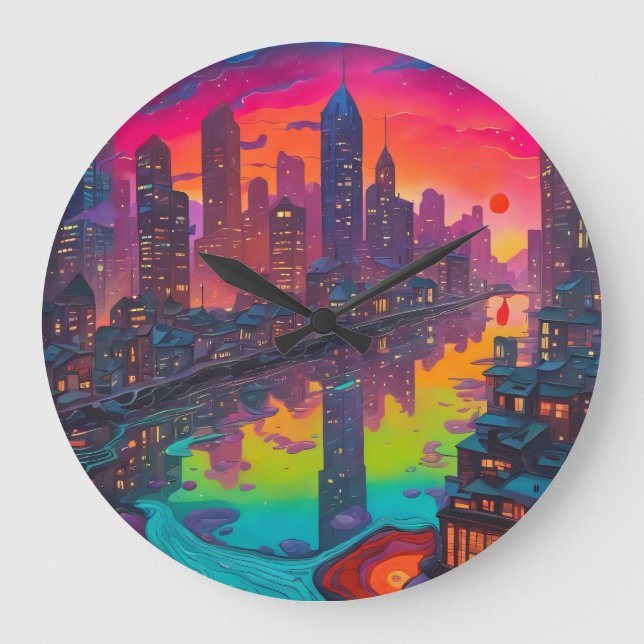 Psychedelic Darker Cityscape Stor Klocka (Framsida)