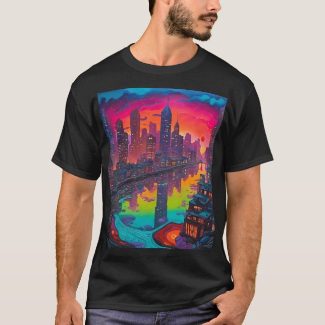 Psychedelic Darker Cityscape T Shirt (Framsida)