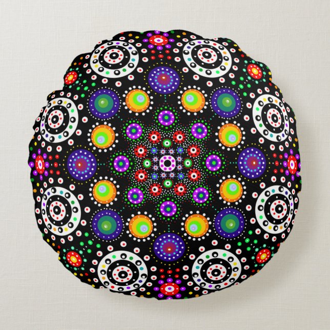 Psychedelic Dot Mandala Rund Kudde (Framsidan)