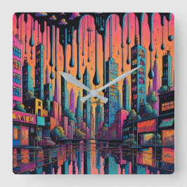 Psychedelic Drippy City Art Fyrkantig Klocka