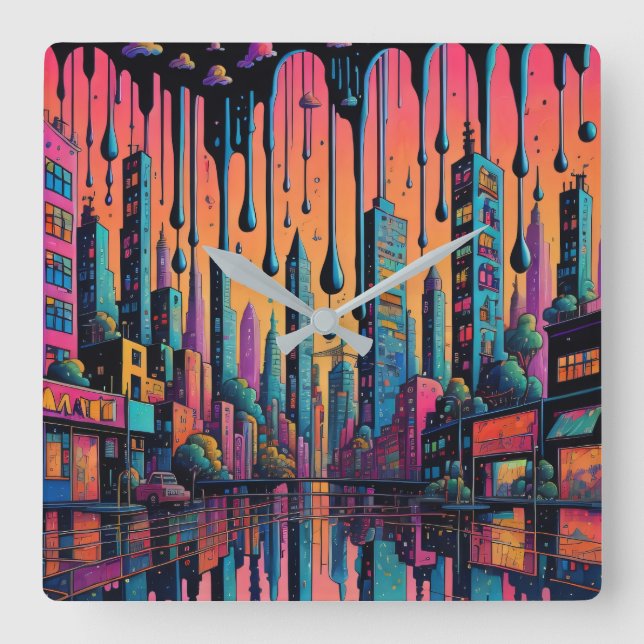 Psychedelic Drippy City Art Fyrkantig Klocka (Framsida)