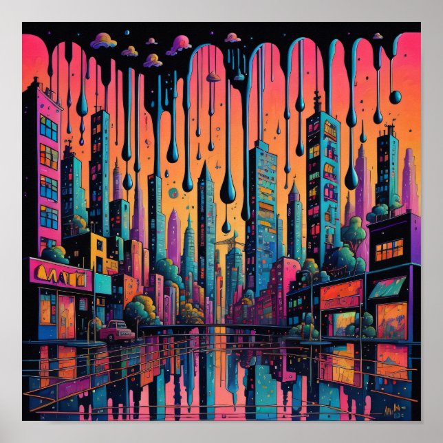 Psychedelic Drippy City Art Poster (Framsidan)