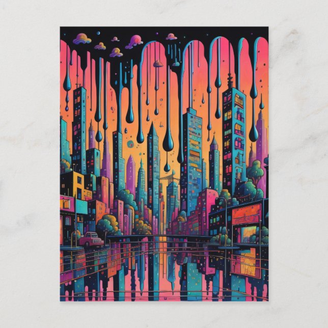 Psychedelic Drippy City Art Vykort (Framsida)