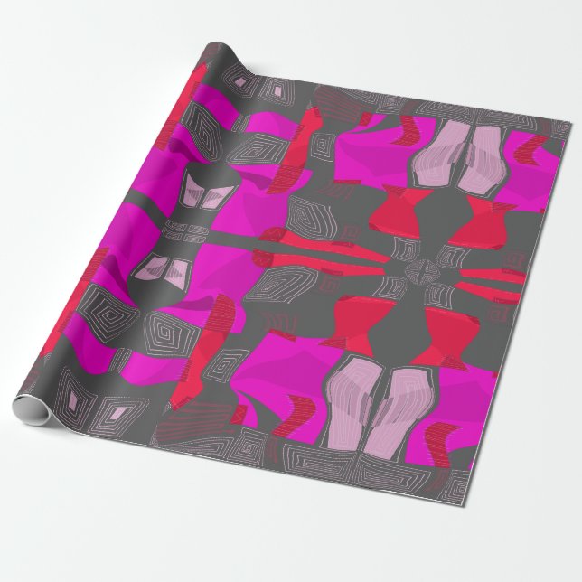 Psychedelic Egyptian Collage: Fuchsia Red Grått Presentpapper (Utrullad)