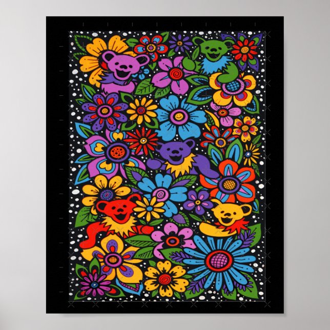 Psychedelic Flowers Dancing Bears Coloured Gratefu Poster (Framsidan)