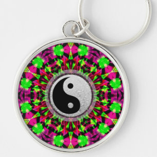 Psychedelic Geometric Yin Yang Keychain Rund Silverfärgad Nyckelring