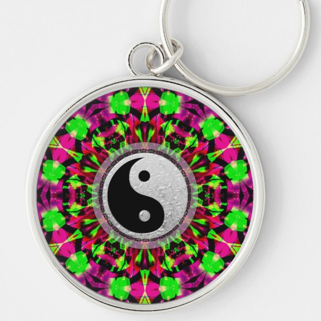 Psychedelic Geometric Yin Yang Keychain Rund Silverfärgad Nyckelring (Framsidan)