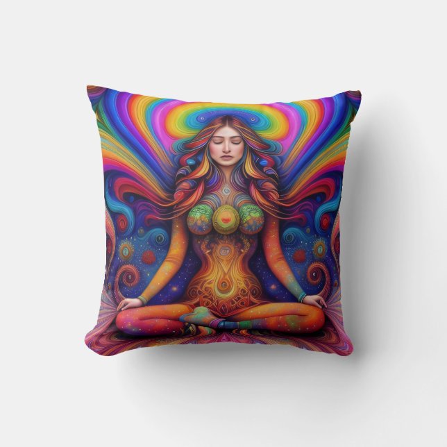 Psychedelic Goddes Rainbow Meditation Art Kudde (Framsida)