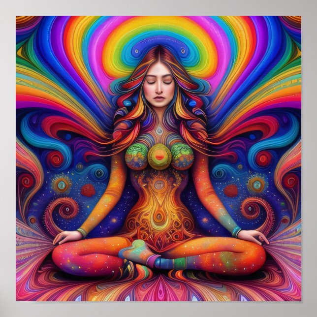 Psychedelic Goddes Rainbow Meditation Art Poster (Framsidan)