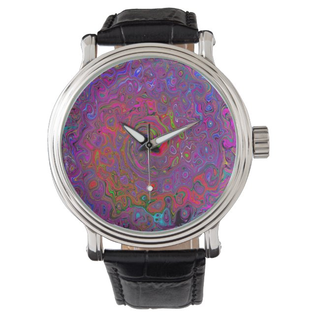 Psychedelic Groovy Magenta Retro Liquid Swirl Armbandsur (Framsida)