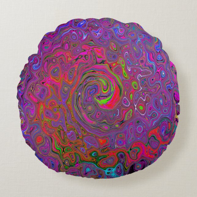 Psychedelic Groovy Magenta Retro Liquid Swirl Rund Kudde (Framsidan)