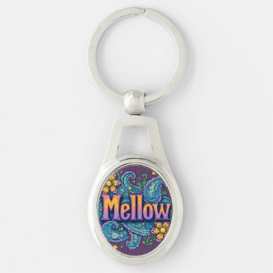 Psychedelic Groovy ’Mellow’ Retro Hippie Art Ovalt Silverfärgad Nyckelring