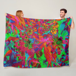 Psychedelic Groovy Red and Grönt Wildblommor Fleecefilt