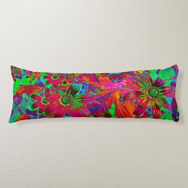 Psychedelic Groovy Red and Grönt Wildblommor Kroppskudde (Framsidan)