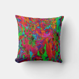 Psychedelic Groovy Red and Grönt Wildblommor Kudde