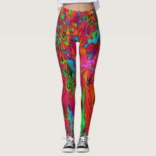 Psychedelic Groovy Red and Grönt Wildblommor Leggings