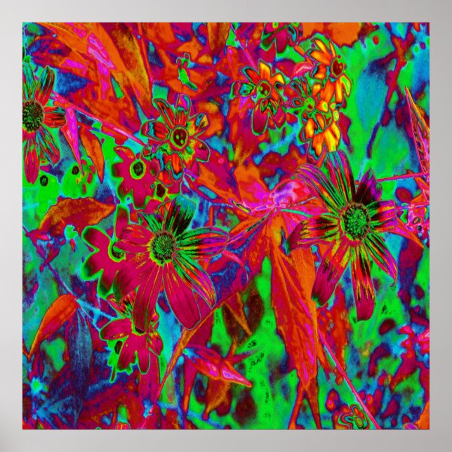 Psychedelic Groovy Red and Grönt Wildblommor Poster (Framsidan)
