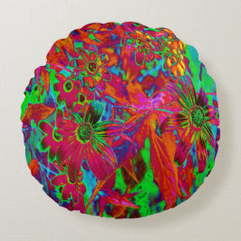 Psychedelic Groovy Red and Grönt Wildblommor Rund Kudde