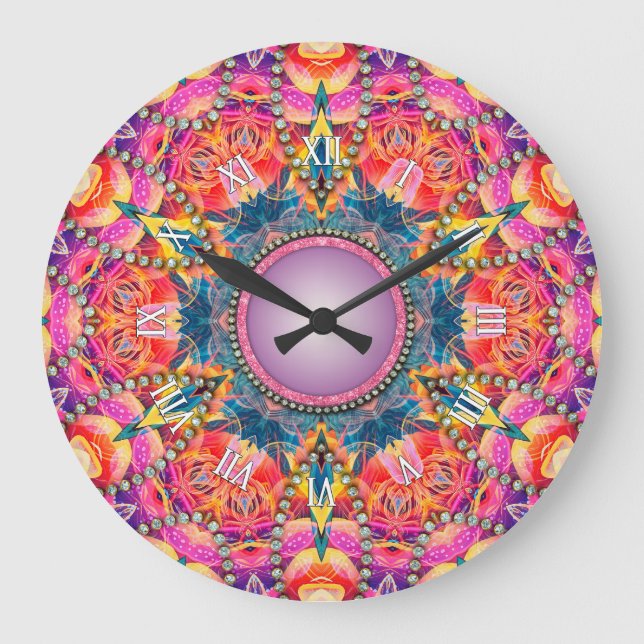 Psychedelic Groovy Rosa Kärlek Glam Mandala Stor Klocka (Framsida)