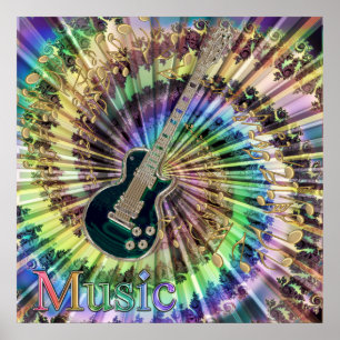 Psychedelic Guitar Swirling Notes Rainbow Music Poster