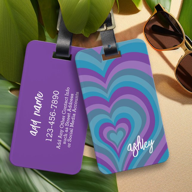 Psychedelic Hearts Calligraphy Script Namn Lila Bagagebricka (Custom Luggage Tag - Personalized Bag Tag)