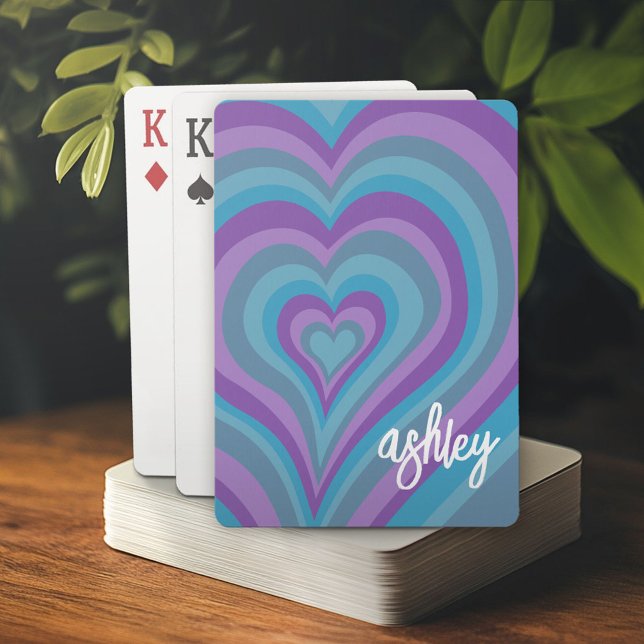 Psychedelic Hearts Calligraphy Script Namn Lila Casinokort (Custom Playing Cards)