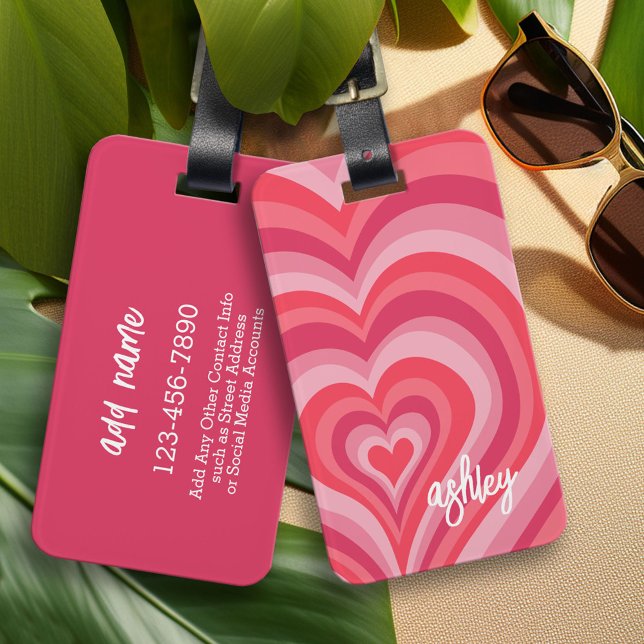 Psychedelic Hearts Calligraphy Script Namn Pinks Bagagebricka (Custom Luggage Tag - Personalized Bag Tag)